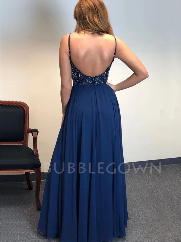 Spaghetti Straps Backless Long Chiffon Evening Prom Dresses With Split, MR7131