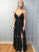 Backless Black Lace Long Chiffon Evening Prom Dresses With Split, V Neck Prom Dresses, MR7132