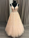 V-neck Tulle Floor Length Lace A-line Long Evening Prom Dresses, Cheap Prom Dress, MR7137