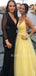 V-neck Lace Beaded A-line Yellow Long Evening Prom Dresses, MR7140