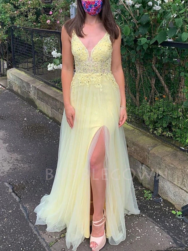 Spaghetti Straps Beaded See Through Side Slit Yellow Long Evening Prom Dresses, MR7141