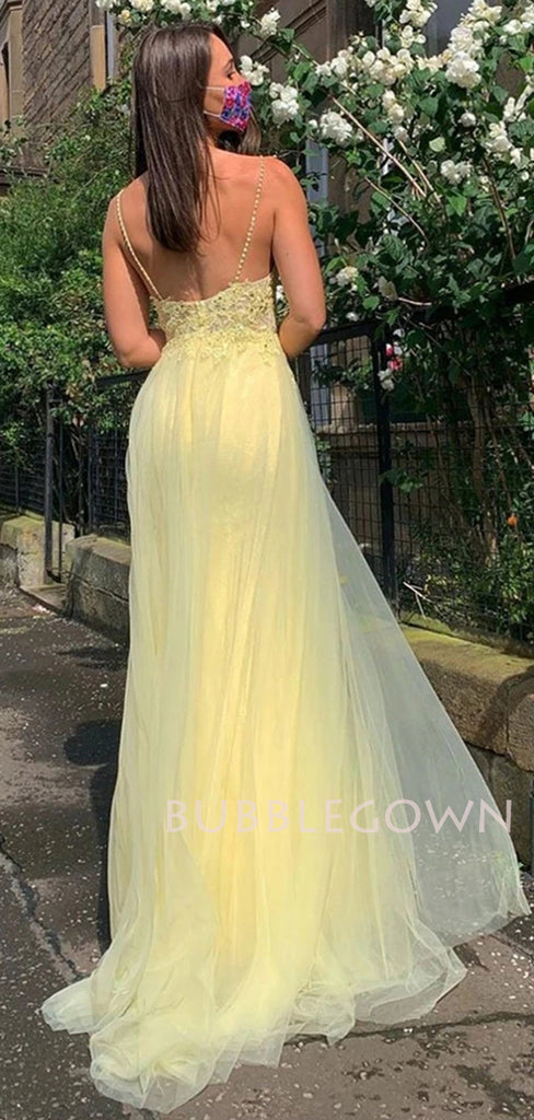 Spaghetti Straps Beaded See Through Side Slit Yellow Long Evening Prom Dresses, MR7141