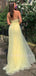 Spaghetti Straps Beaded See Through Side Slit Yellow Long Evening Prom Dresses, MR7141