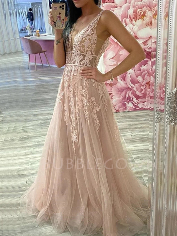 Deep V Neck Beaded See Through Lace Long Evening Prom Dresses, MR7142