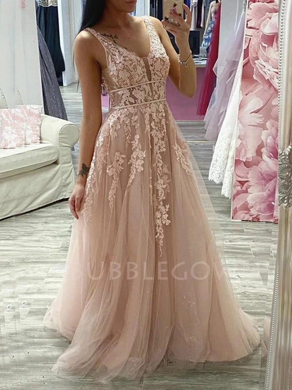 Deep V Neck Beaded See Through Lace Long Evening Prom Dresses, MR7142