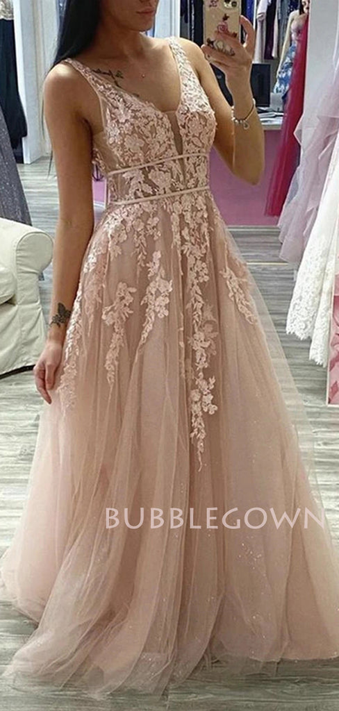 Deep V Neck Beaded See Through Lace Long Evening Prom Dresses, MR7142