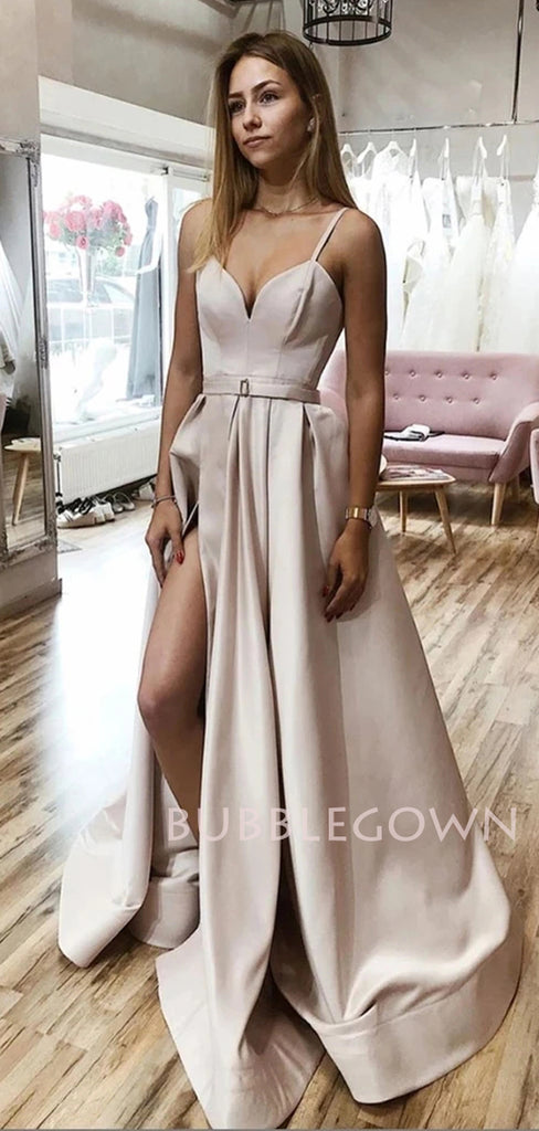 A-Line Satin Side Slit Long Evening Prom Dresses, Long Party prom dresses, MR7144