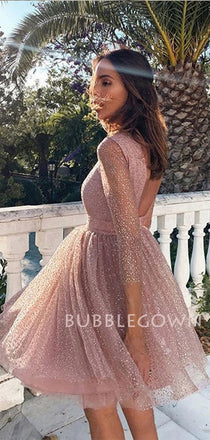 Backless Long Sleeves Short Custom Pink Homecoming Dresses, Cheap Sweet Dresses, MR7159