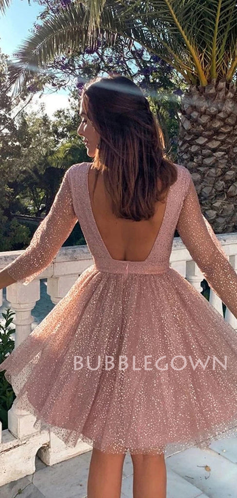 Backless Long Sleeves Short Custom Pink Homecoming Dresses, Cheap Sweet Dresses, MR7159