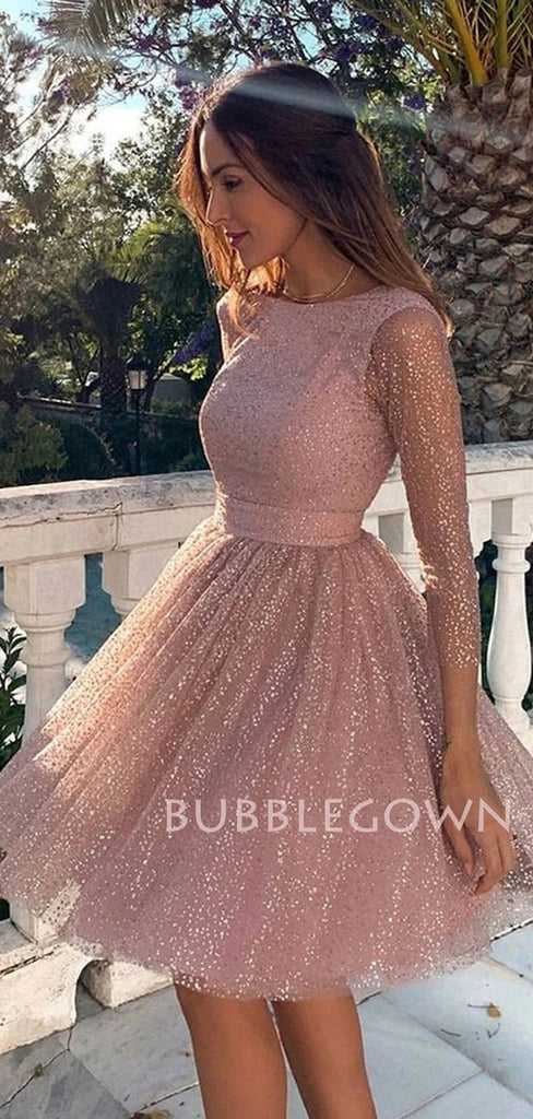 Backless Long Sleeves Short Custom Pink Homecoming Dresses, Cheap Sweet Dresses, MR7159