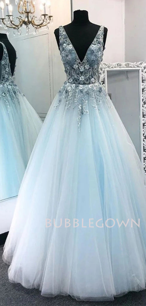 See Throuth V-neck Backless Floor Length Blue Lace A-line Long Evening Prom Dresses, MR7167