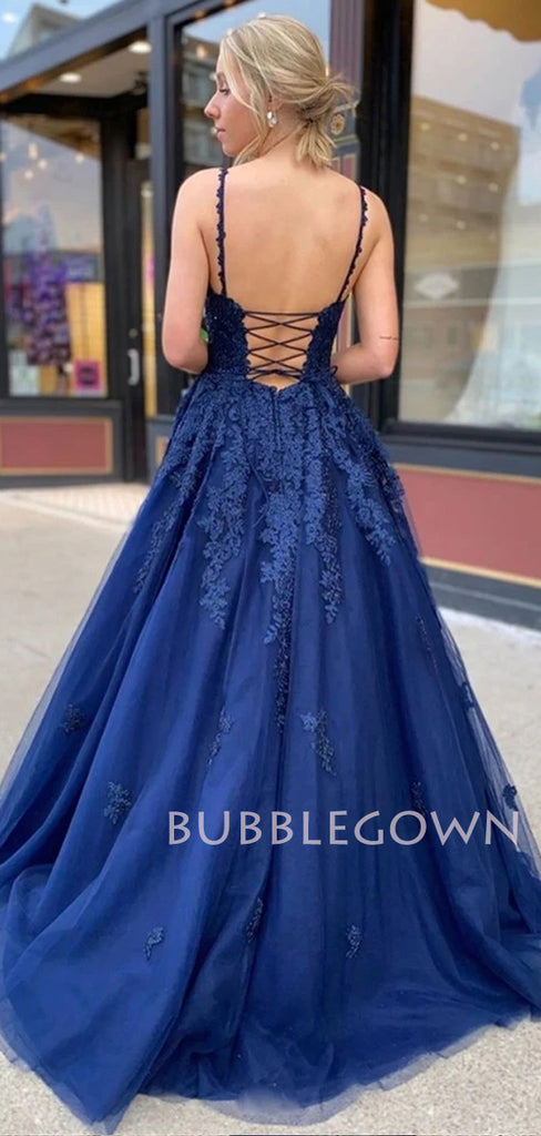 Dark Blue V Neck Backless Lace Tulle Long Evening Prom Dresses, Cheap Sweet Prom Dresses, MR7170