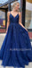 Dark Blue V Neck Backless Lace Tulle Long Evening Prom Dresses, Cheap Sweet Prom Dresses, MR7170