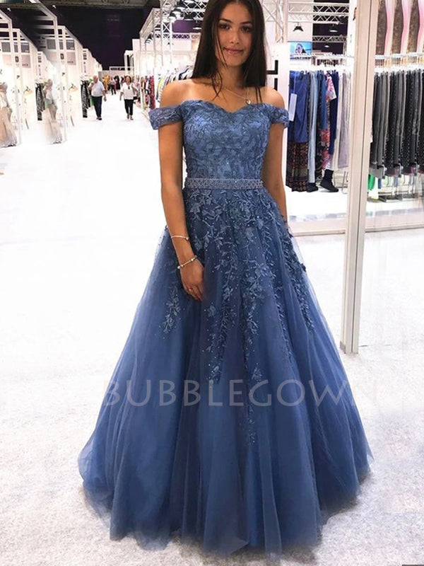 Sexy Off Shoulder Tulle Floor Length Navy Blue Lace A-line Long Evening Prom Dresses, Cheap Prom Dress, MR7176