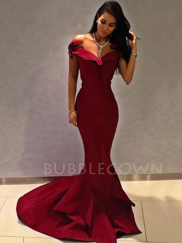 Off Shoulder Mermaid Burgundy Satin Long Evening Prom Dresses, Long Party prom dresses, MR7181