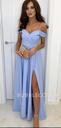 Off Shoulder A-Line Satin Blue Long Evening Prom Dresses, Long Party prom dresses, MR7183