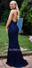 Sexy Mermaid Off-Shoulder Nacy Blue Lace Long Evening Prom Dresses, MR7192