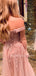 Off Shoulder Tulle Floor Length Dusty Pink Lace A-line Long Evening Prom Dresses, Cheap Prom Dress, MR7201