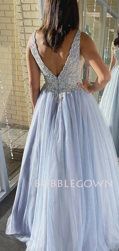 Sexy V-neck Tulle A-line Long Evening Prom Dresses, Cheap Custom Prom Dresses, MR7211