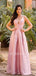 V Neckline Pink Long Backless Evening Prom Dresses, Cheap Custom prom dresses, MR7214