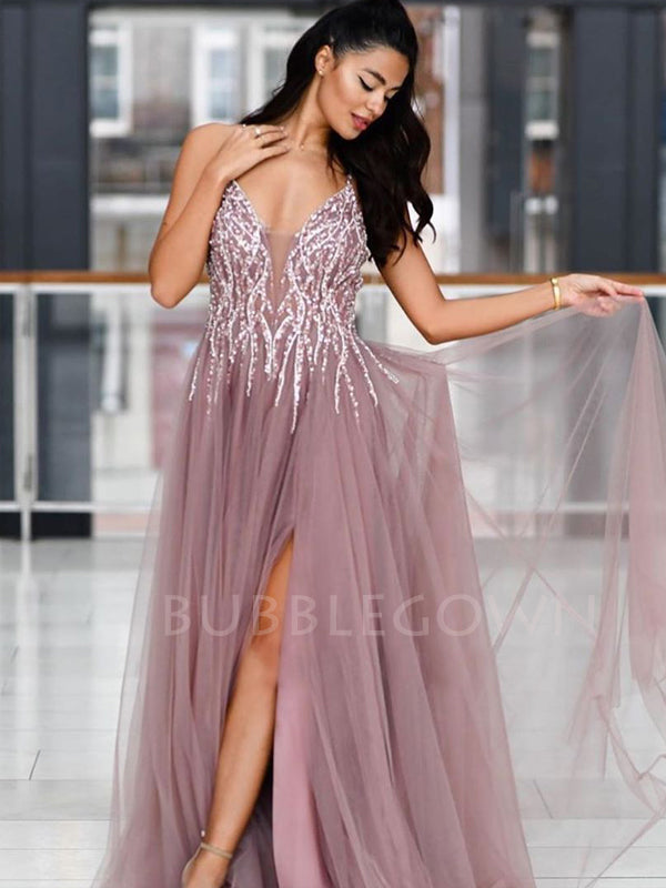 Dusty Purple V Neck Tulle Side Slit A-line Long Evening Prom Dresses, Cheap Prom Dress, MR7220