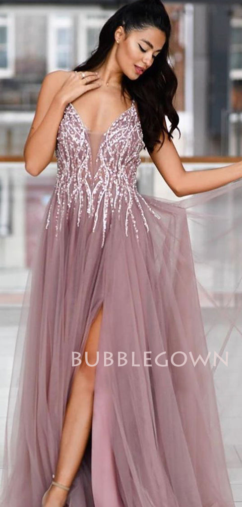 Dusty Purple V Neck Tulle Side Slit A-line Long Evening Prom Dresses, Cheap Prom Dress, MR7220