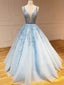 V Neck Tulle Floor Length A-line Blue Lace Long Evening Prom Dresses, Cheap Prom Dress, MR7222