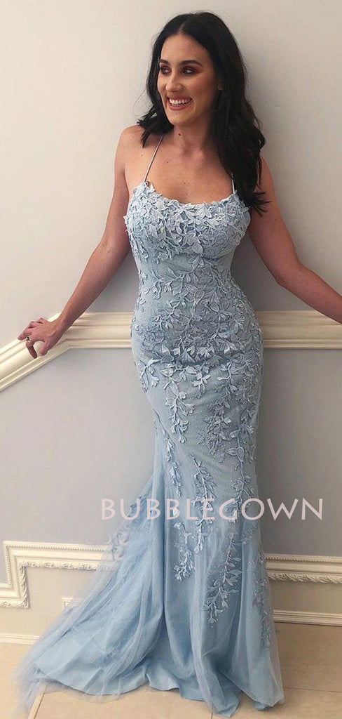 Sexy Mermaid Spaghetti Straps Dusty Blue Lace Long Evening Prom Dresses, MR7223