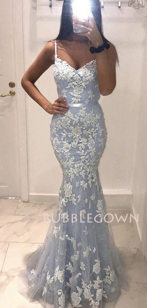 Dusty Blue Mermaid Spaghetti Straps Lace Long Evening Prom Dresses, MR7224