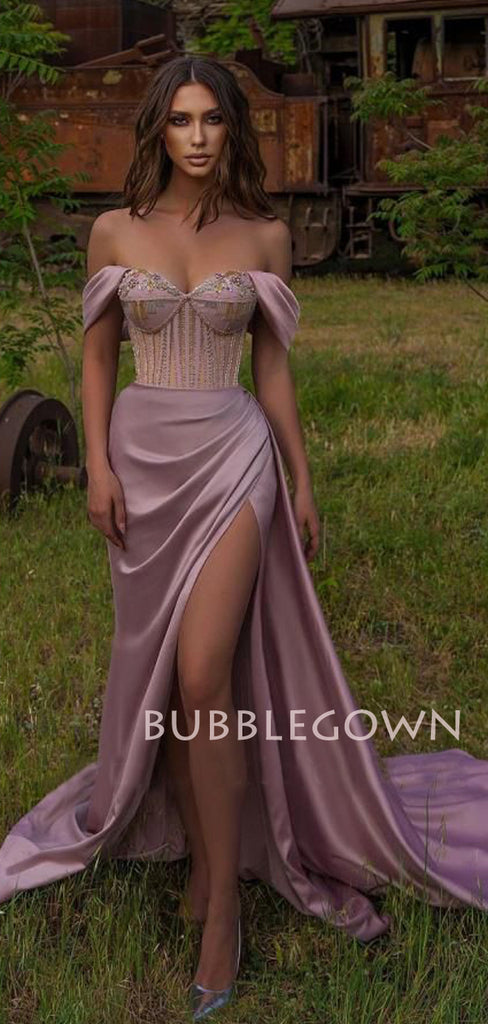 Off Shoulder Side Slit Dusty Purple Long Evening Cheap Party Prom Dresses, Cheap Prom Dresses, MR7241