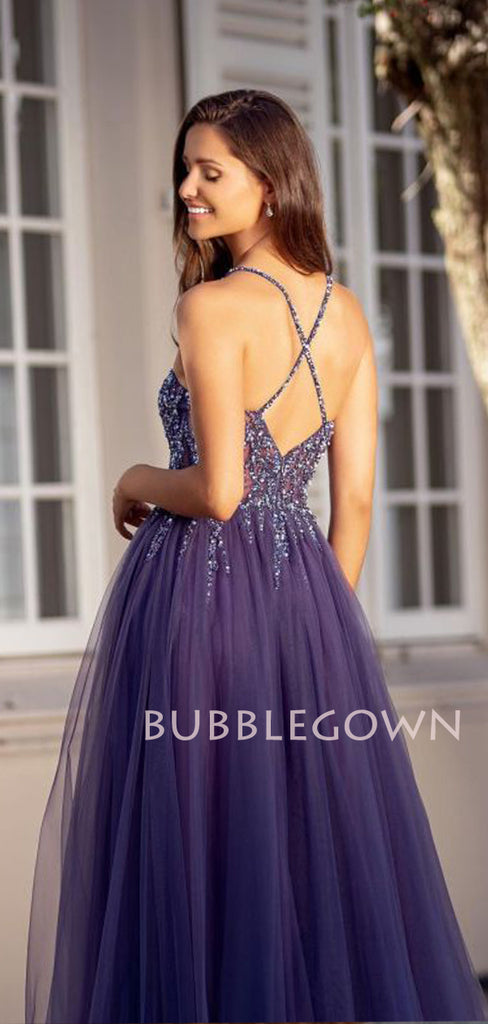 Deep V Neck Backless Purple Tulle Long Evening Prom Dresses, Cheap Tulle Sweet Dresses, MR7243