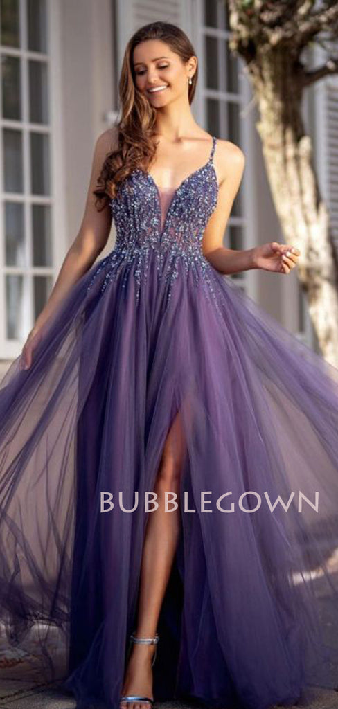 Deep V Neck Backless Purple Tulle Long Evening Prom Dresses, Cheap Tulle Sweet Dresses, MR7243