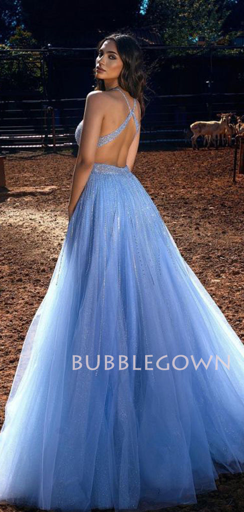 Sexy Sparkly Backless blue A-Line Long Evening Prom Dresses, MR7245