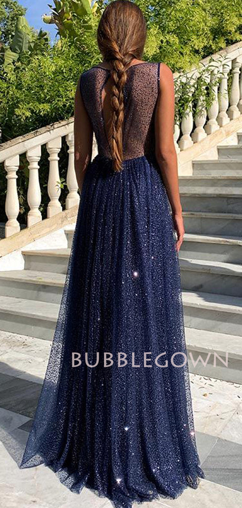 See Throuth Backless Navy Blue Sparkly Long Evening Prom Dresses, MR7247