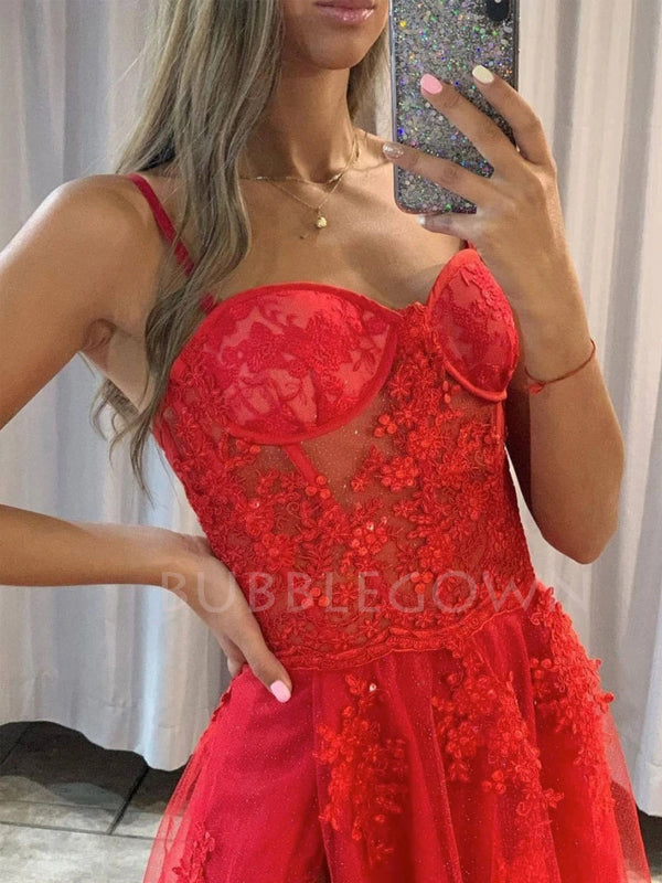 See Throuth Red Spaghetti Straps A-Line Long Evening Prom Dresses, MR7254