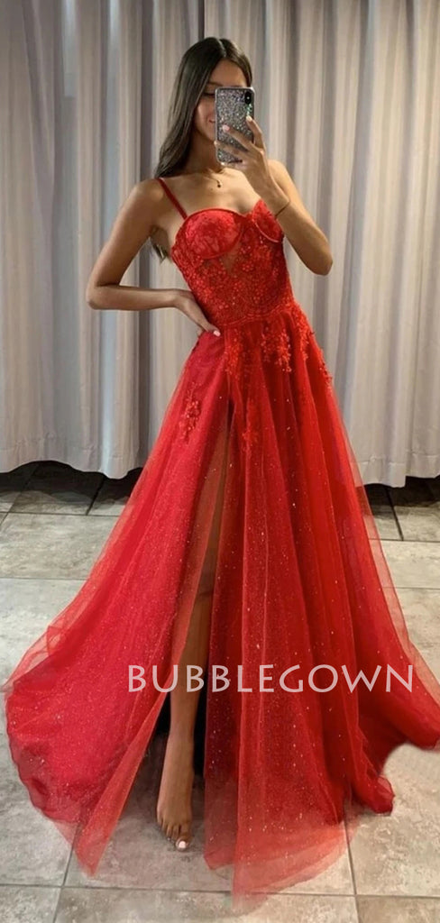 See Throuth Red Spaghetti Straps A-Line Long Evening Prom Dresses, MR7254