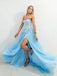 A-Line Tulle Side slit Blue Lace Long Evening Prom Dresses, Cheap Tulle Sweet Dresses, MR7256