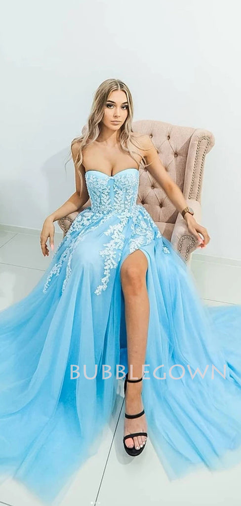 A-Line Tulle Side slit Blue Lace Long Evening Prom Dresses, Cheap Tulle Sweet Dresses, MR7256