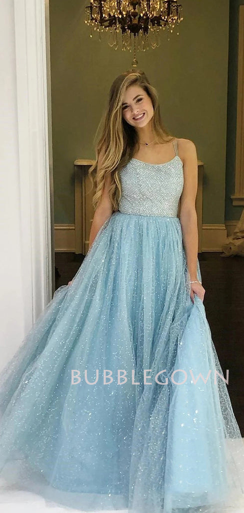 Sharkly Spaghetti Straps Tulle Floor Length A-line Long Evening Prom Dresses, MR7259