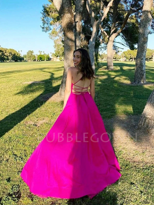 Sexy Backless A-Line Fuchsia Satin Side Slit Deep V Neck Long Evening Prom Dresses, MR7260