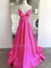 A-Line Fuchsia Satin Side Slit Deep V Neck Long Evening Prom Dresses, Cheap Custom Backless Prom Dresses, MR7261