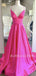 A-Line Fuchsia Satin Side Slit Deep V Neck Long Evening Prom Dresses, Cheap Custom Backless Prom Dresses, MR7261