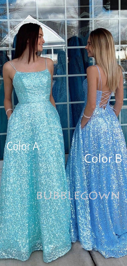 A-Line Spaghetti Straps Sequin Long Evening Prom Dresses, Cheap Custom prom dresses, MR7062