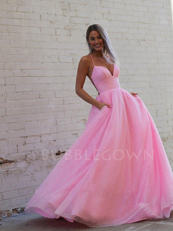 Spaghetti Straps A-Line Pink Backless Sparkly Long Evening Prom Dresses, MR7263