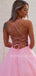 Spaghetti Straps A-Line Pink Backless Sparkly Long Evening Prom Dresses, MR7263