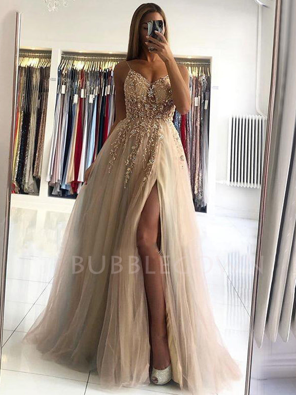 See Through V-neck Champagne Tulle A-line Long Evening Prom Dresses, MR7265