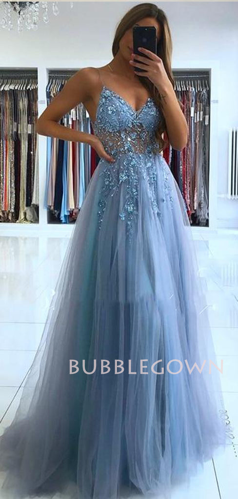 See Through V-neck Champagne Tulle A-line Long Evening Prom Dresses, MR7265