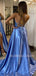 Sexy Backless A-Line Simple Blue Satin Long Evening Prom Dresses, MR7266