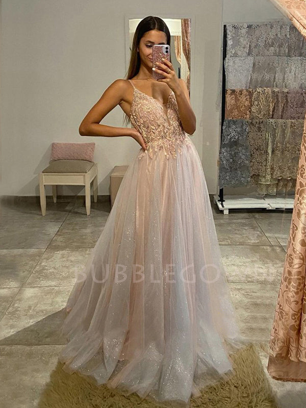 Sexy See Throuth V Neck A-line Tulle Long Evening Prom Dresses, Evening Party Prom Dresses, MR7267