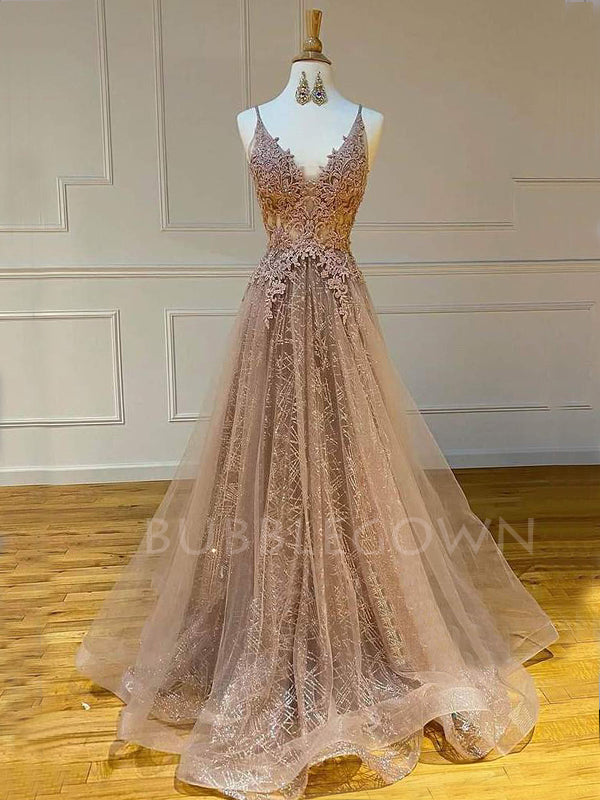 Champagne Lace V-neck Tulle A-line Long Evening Prom Dresses, MR7272